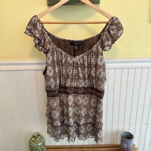 Venezia y2k blouse Brown & Blue Floral Pattern Off-Shoulder Ruffle Blinged